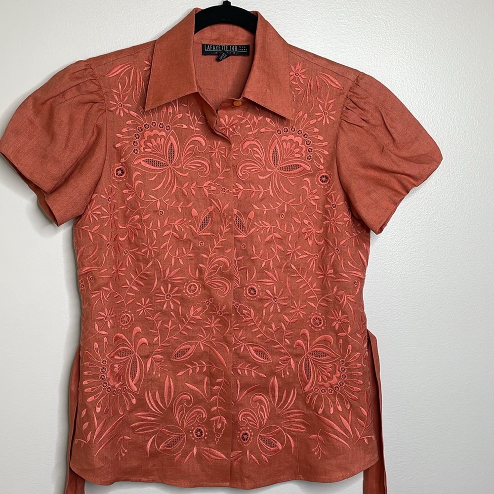 Lafayette 148 Coral Embroidered Button Front Belted Linen Blouse Size 4 Petite - Picture 7 of 12